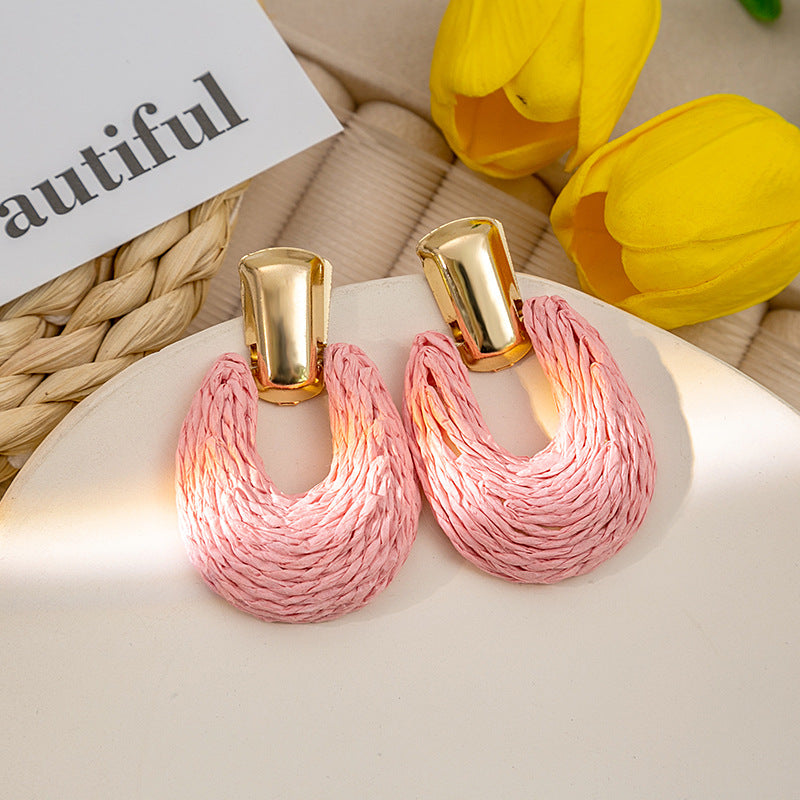 Colorful Raffia Geometric Hollow Circle Solid Color Earrings