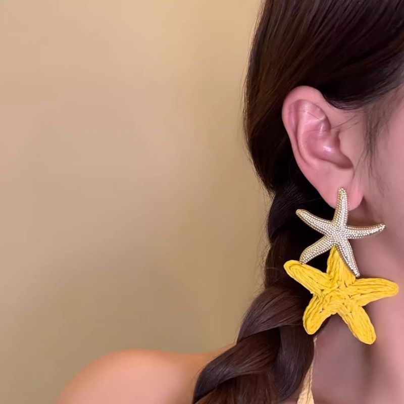 Island Holiday Blue Straw Starfish Female Exaggerated Personalized Seaside Vacation Earrings