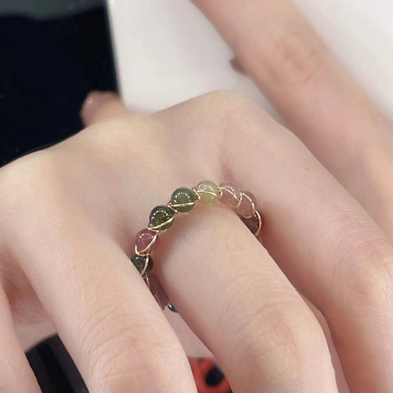 Rainbow Tourmaline Fashion Beaded Female Niche High Ring