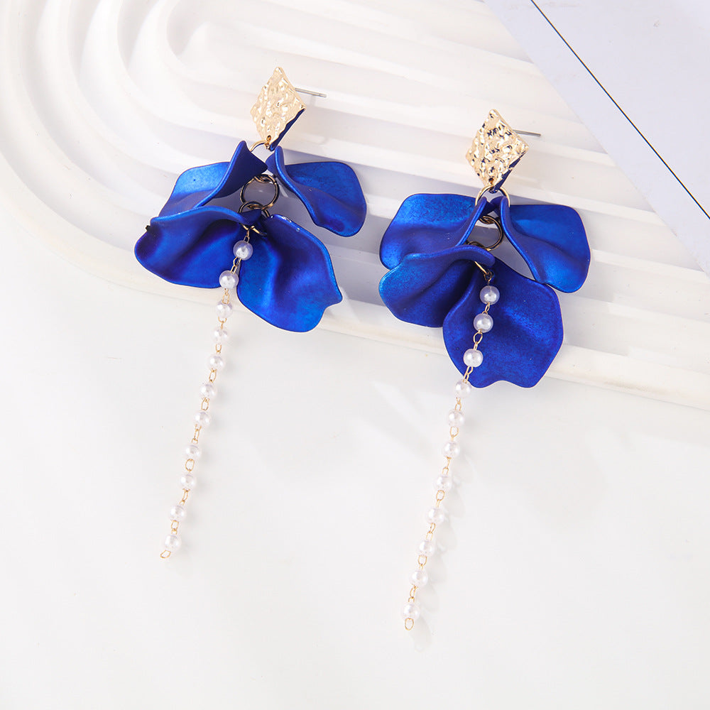 Style Red Blue Colorful Petals Pearl Long Trend Earrings