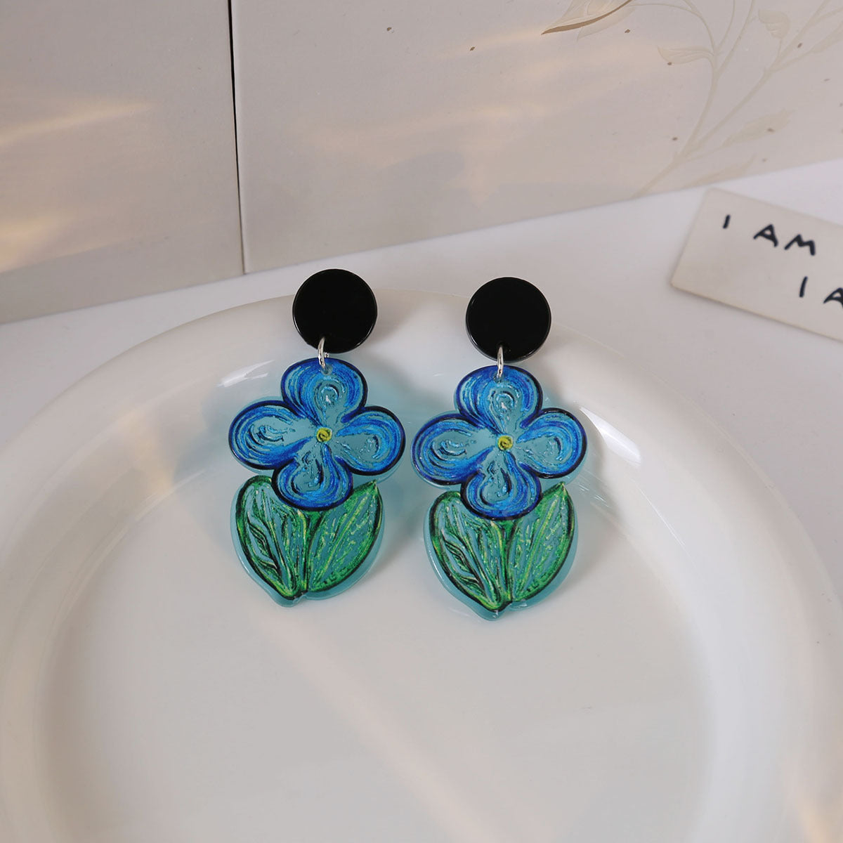 Painting Blue Flower Simple Fresh Mori Style Iti Earrings