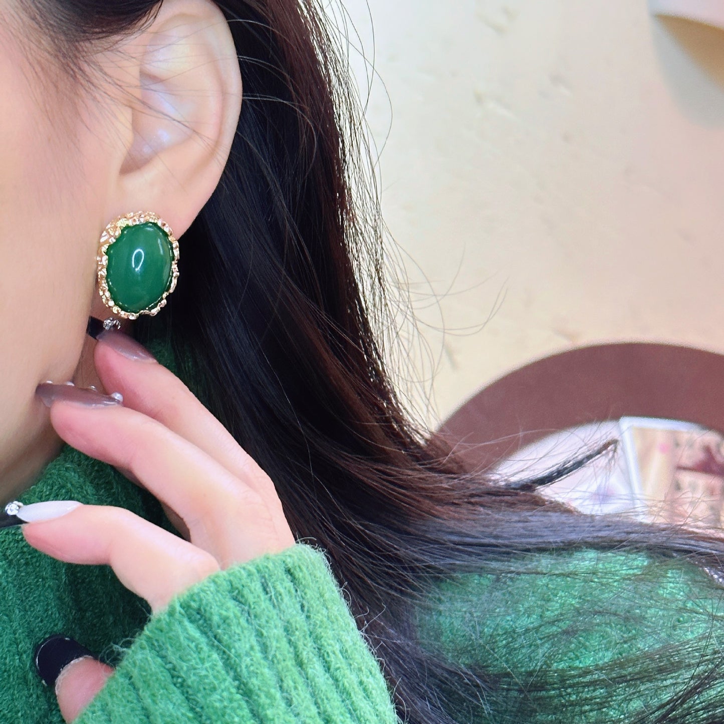 French Retro Grandma Green Ear Elegant Stud Earrings