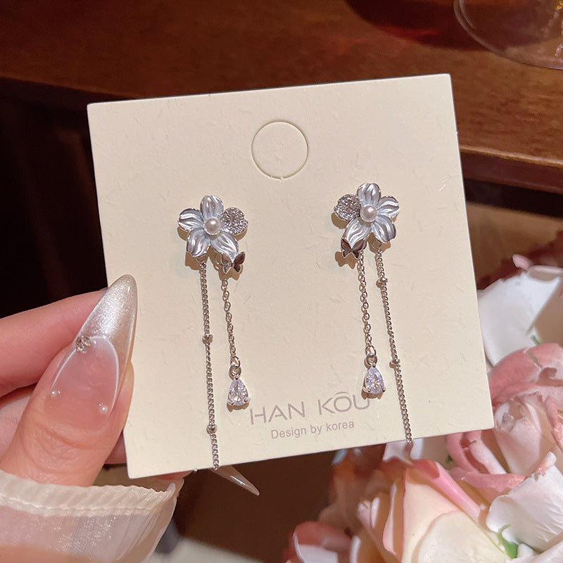 Women's Korean Long Tassel Flowers Zircon Light Luxury Minority High-grade Sweet Earrings