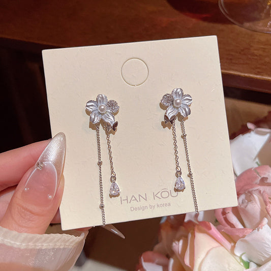 Women's Korean Long Tassel Flowers Zircon Light Luxury Minority High-grade Sweet Earrings