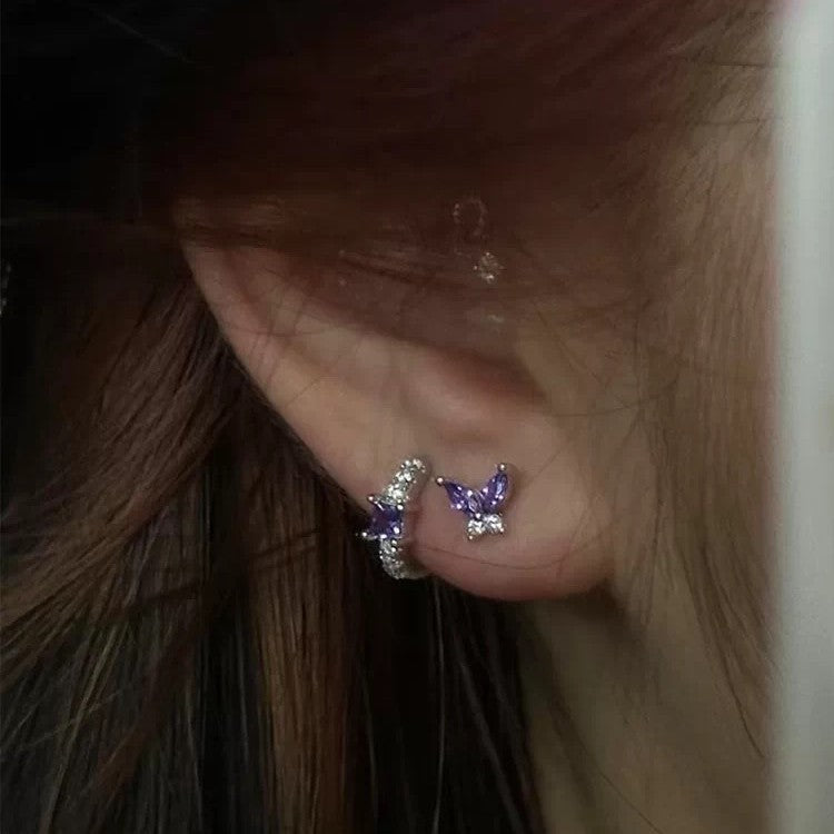 Purple Butterfly Color Zircon Small Personality Geometry Irregular Ear Buckle