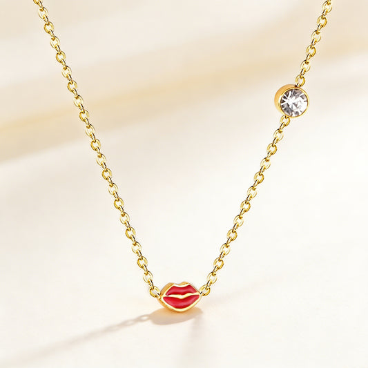 Women's Dripping Red Lip With Round Diamond Clavicle Chain Necklace