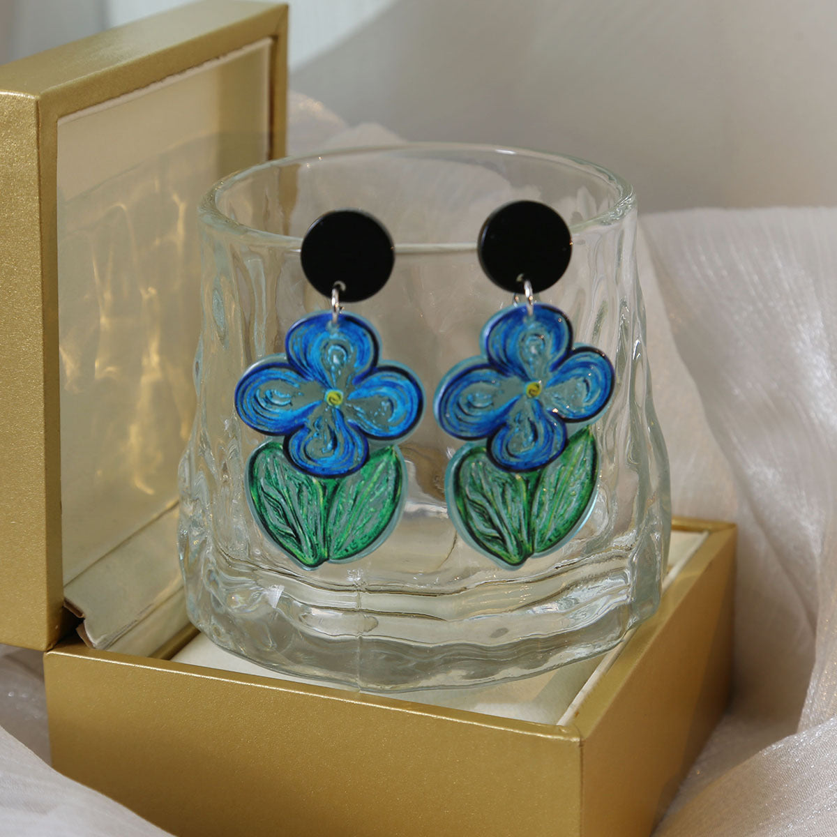 Painting Blue Flower Simple Fresh Mori Style Iti Earrings