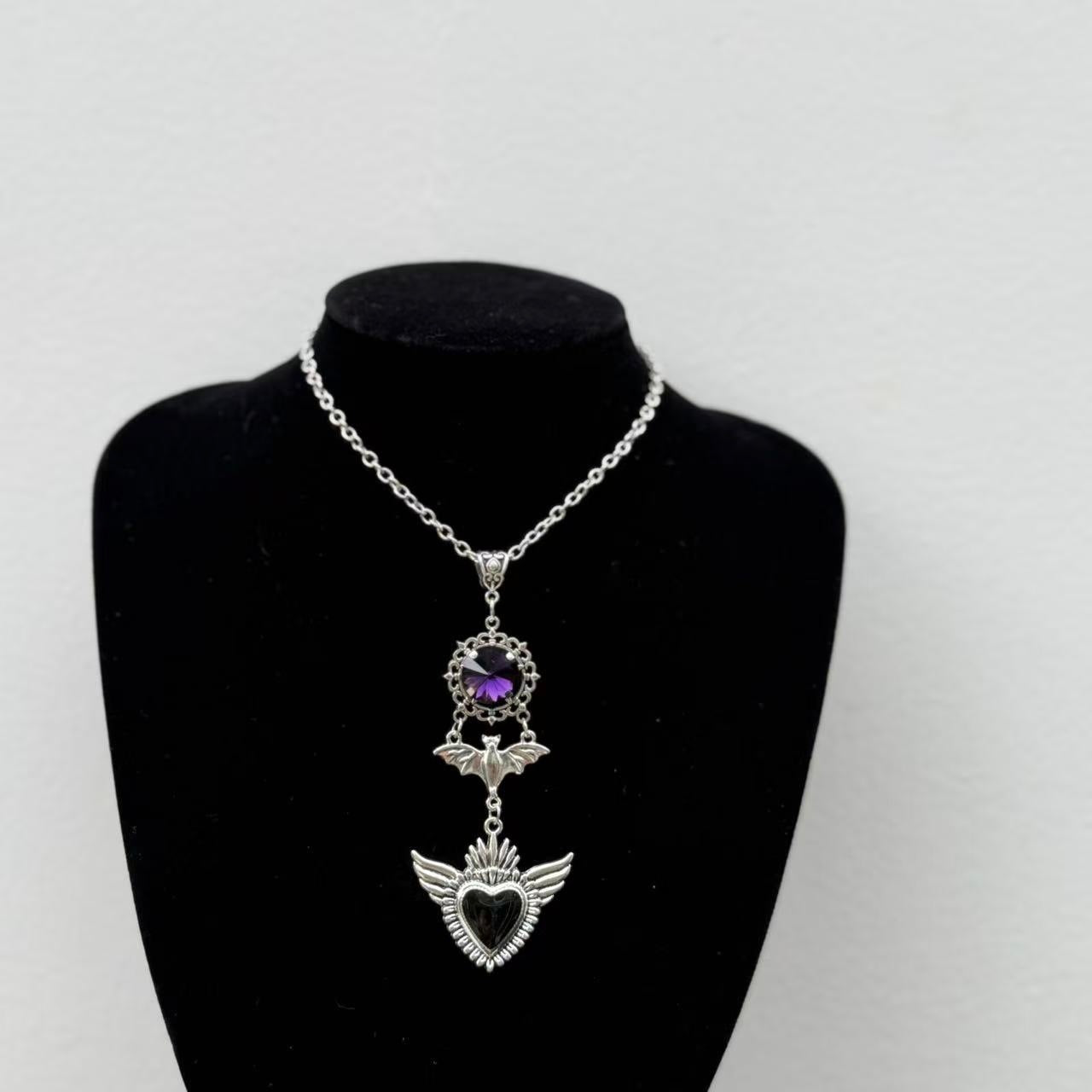 Dark Retro Black Love Wings Purple Gem Necklace