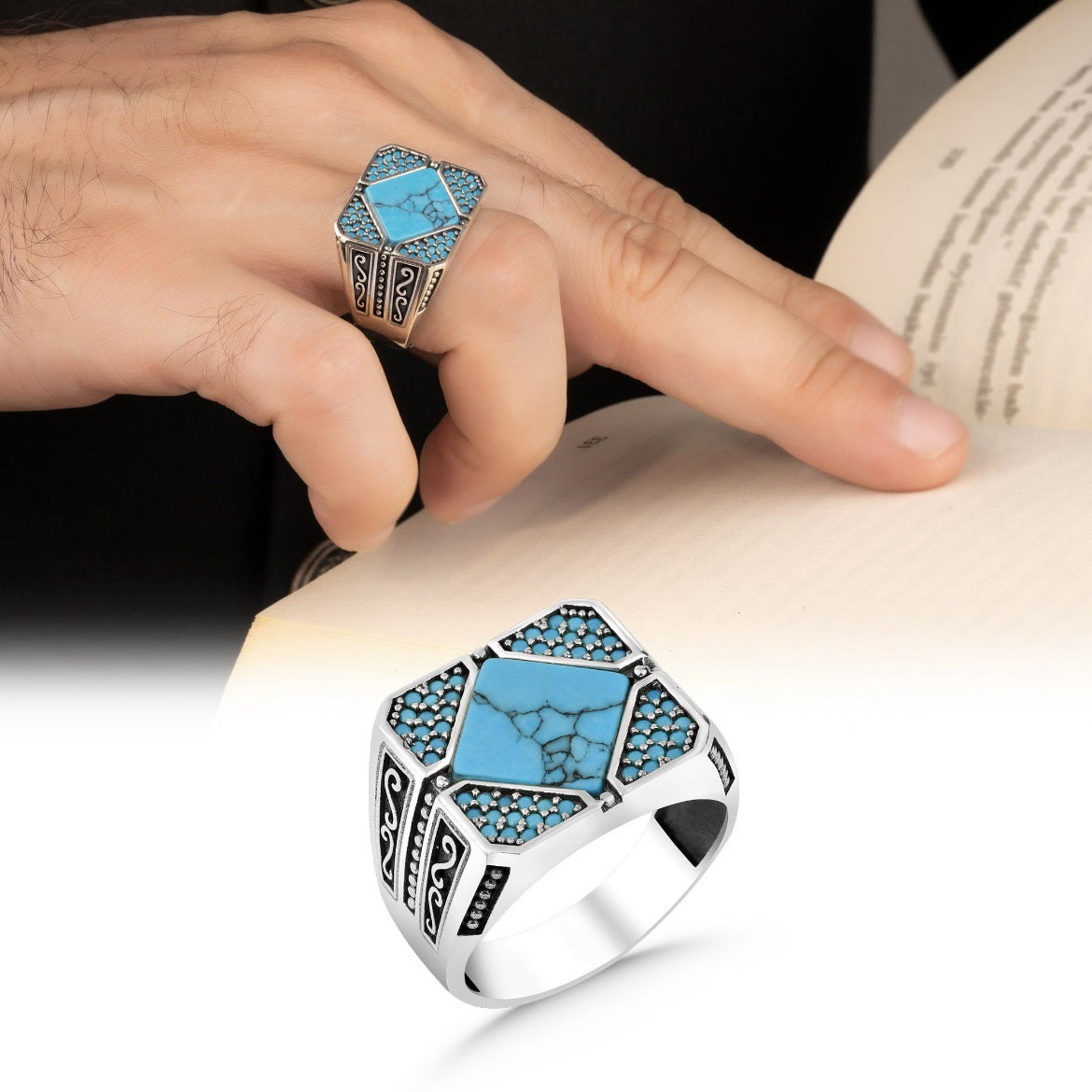 Men's Sier Simple Fashion Turquoise Man's Rings