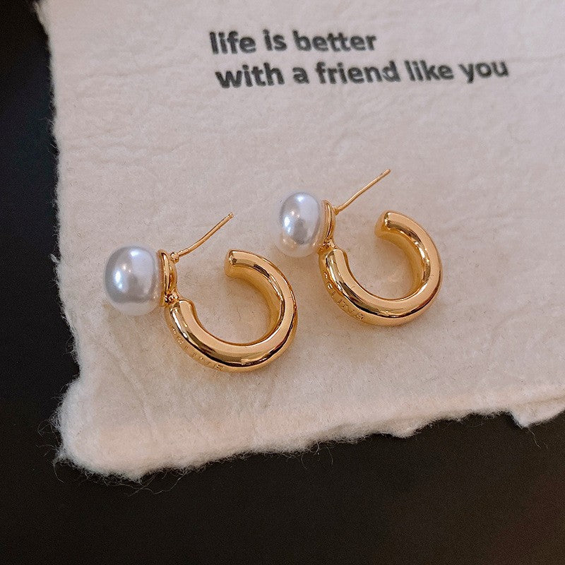 Sier Needle Metallic Hollow Flower Fishtail Pearl High-key Dignified Earrings