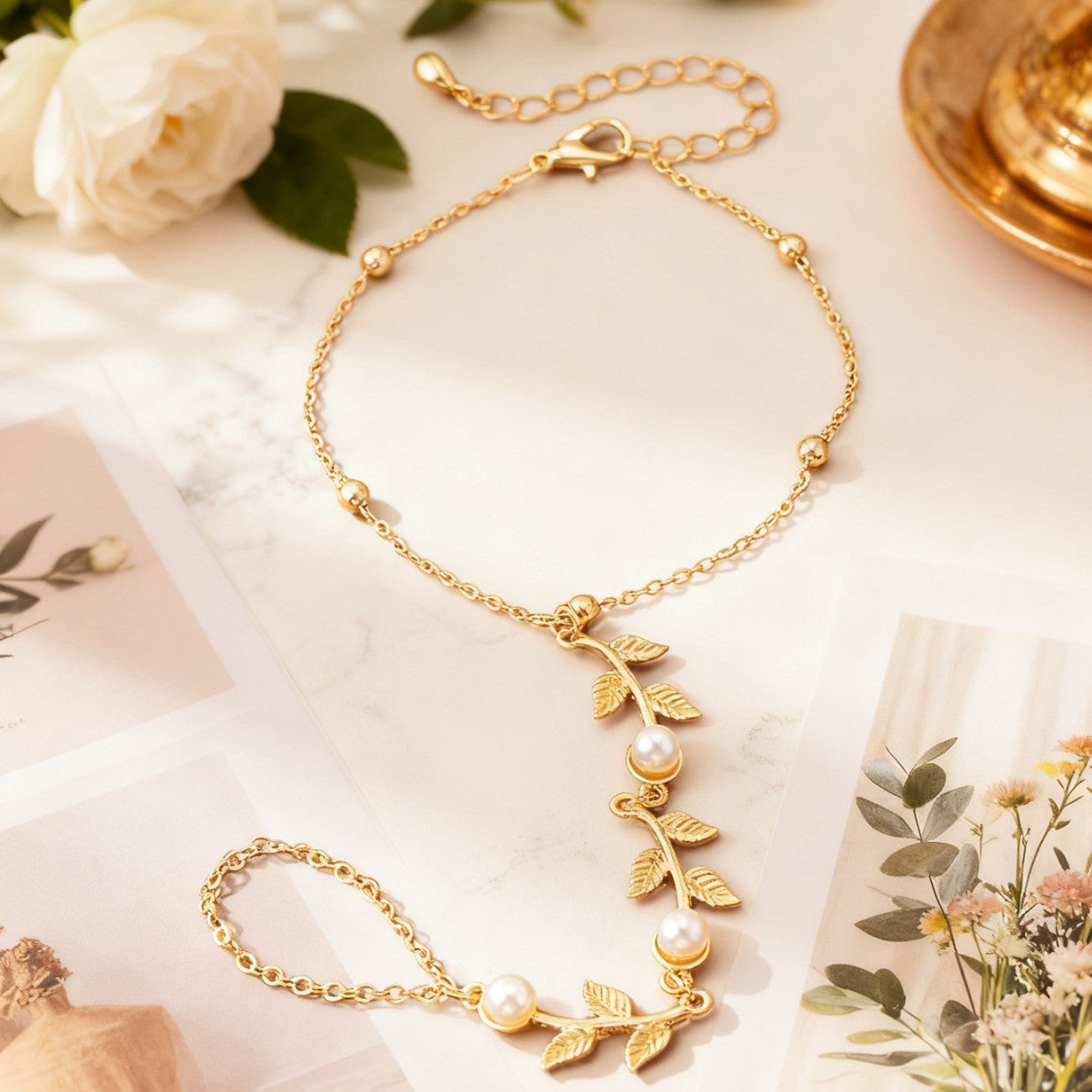 Leaves With Imitation Pearl Ornamental Tassel Bridal Bracelet