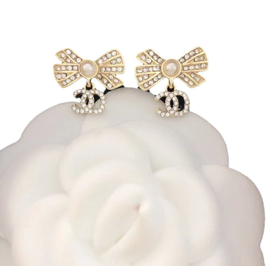 Double Full Diamond Bow Home Classic Style Earrings