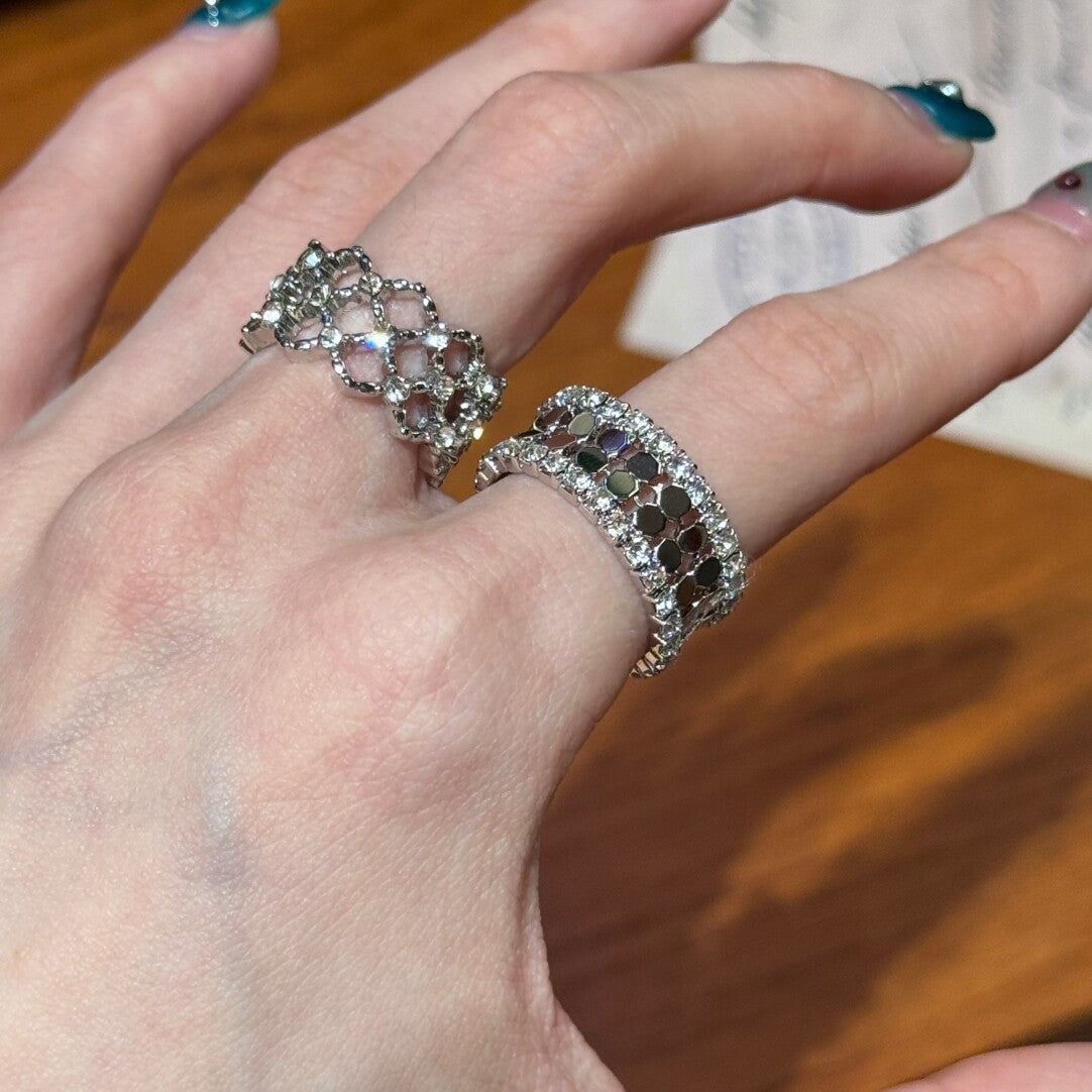 Very Shiny Mesh Diamond Rhinestone Open Rings