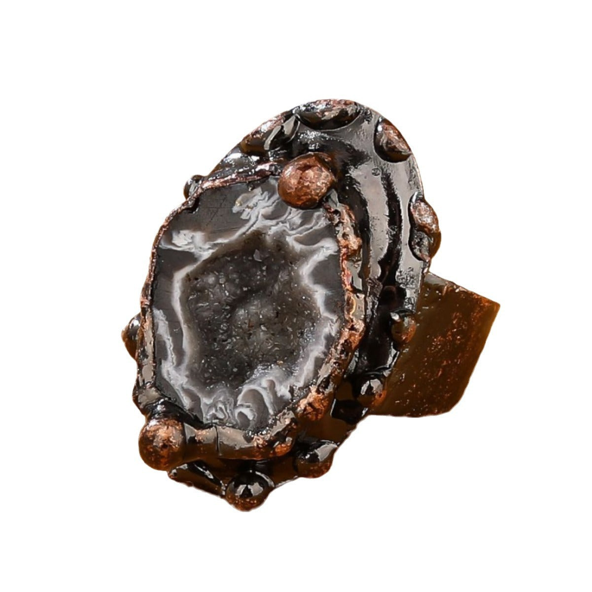 Women's Retro Style Natural Crystal Hole Agate Handmade Welding Electroplating Bronze Rings