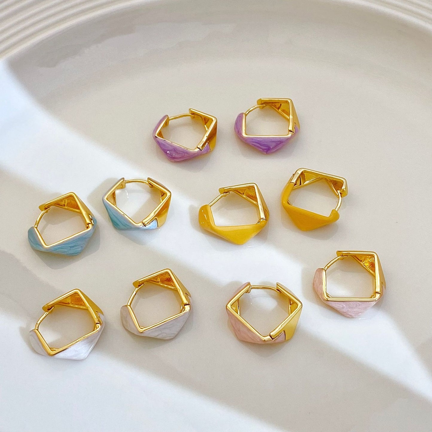 Copper Plated Real Gold Irregular Polygon Enamel Drip Glazed Color Earrings