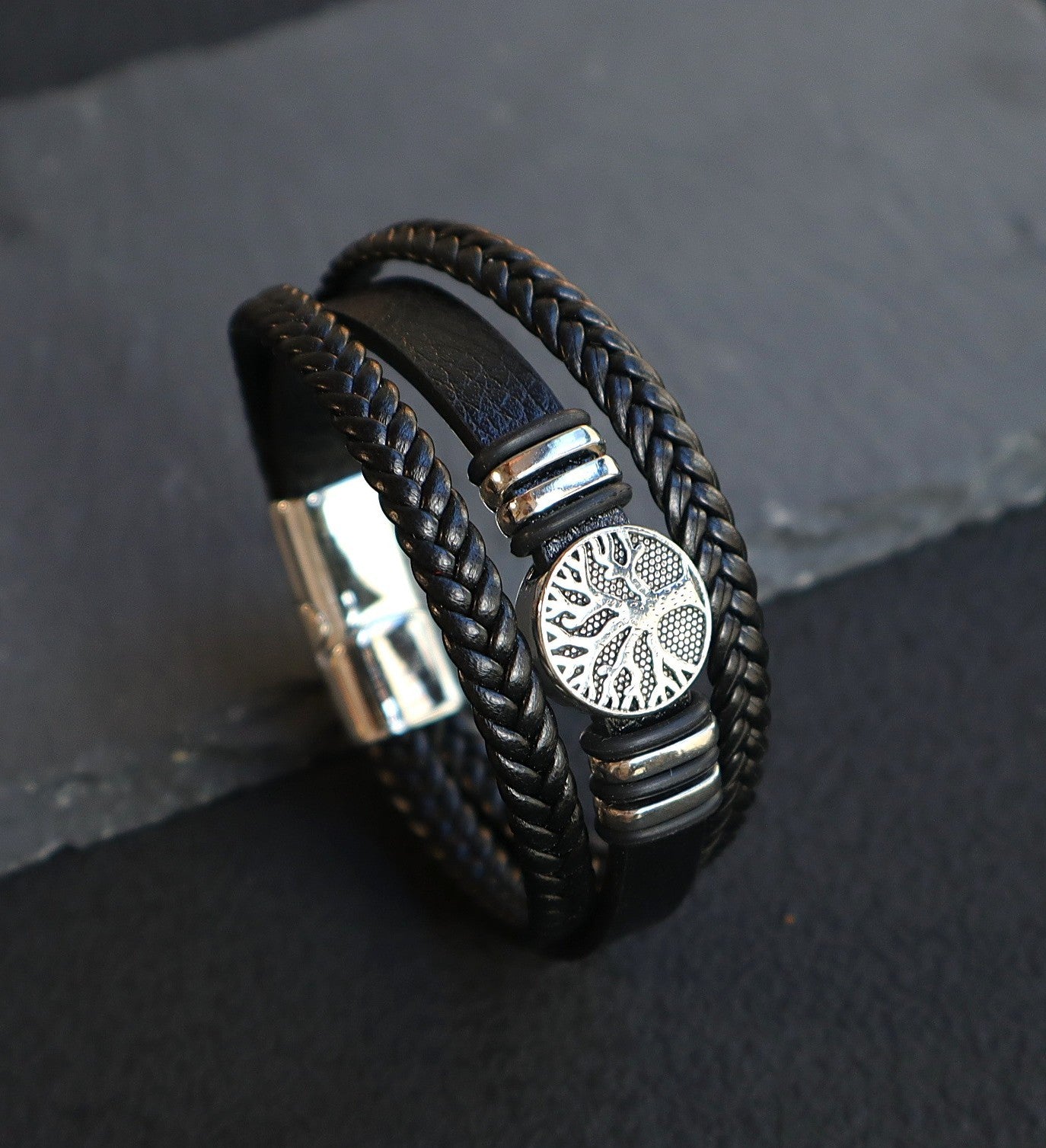 Men's Magnetic Buckle Leather Lucky Tree Hand-woven Bracelet
