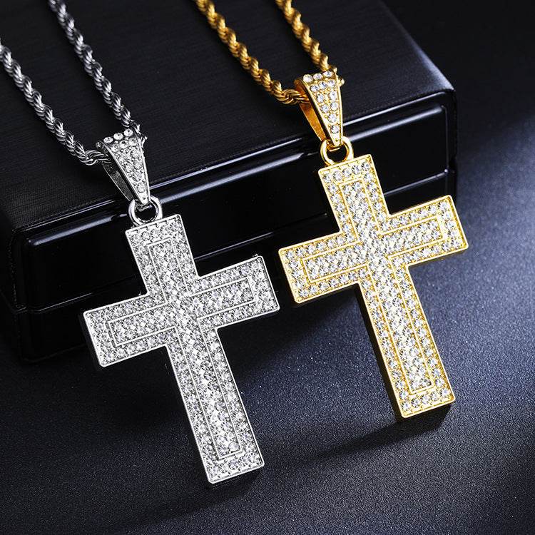 Full Diamond Cross Long Titanium Steel Hemp Flowers Necklace