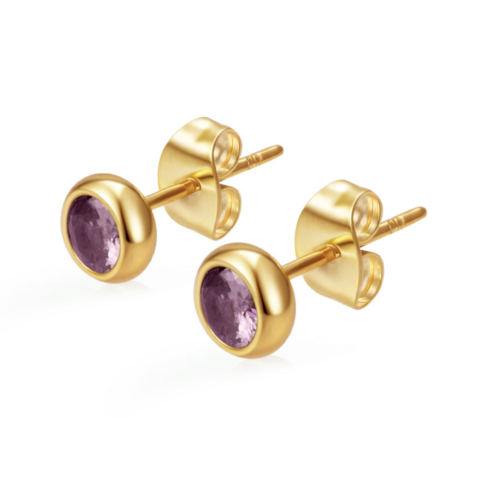 Women's Round Stainless Steel Zircon Trendy Versatile Real Gold Stud Earrings