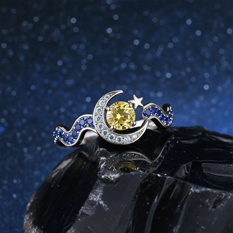 Inlaid Zircon Crescent Tooth Star Moon Creative Water Wave Yellow Ring