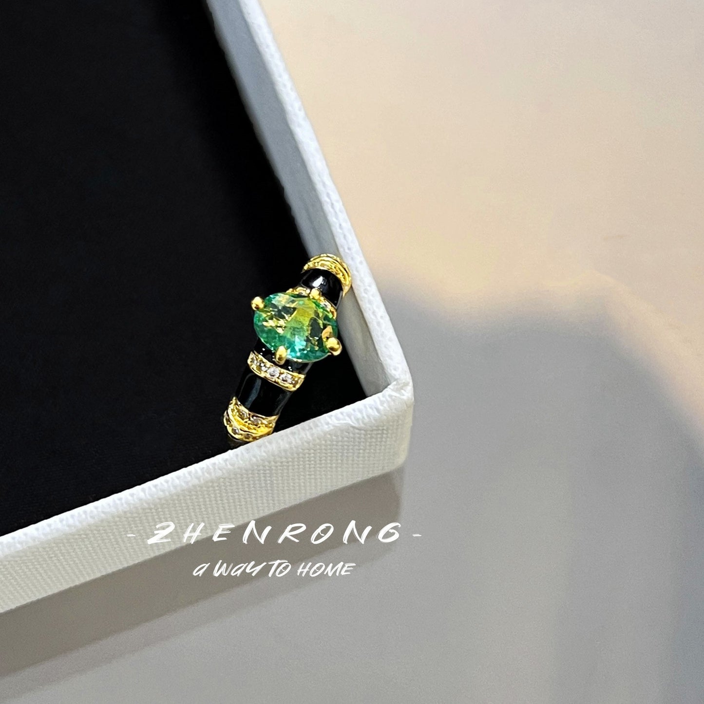 Women's Lux Colored Gems Black Enamel Craft Diamond Emerald Antique Rings