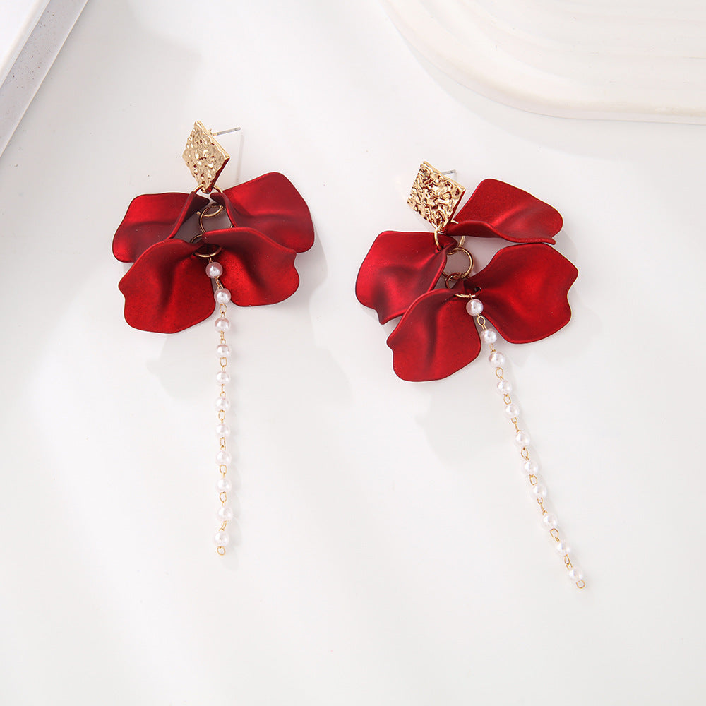 Style Red Blue Colorful Petals Pearl Long Trend Earrings
