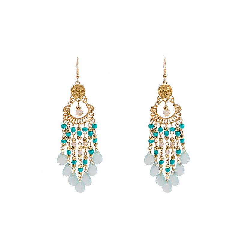 Bead Retro Ethnic Style Colorful Water Drop Tassel Hollow Earrings