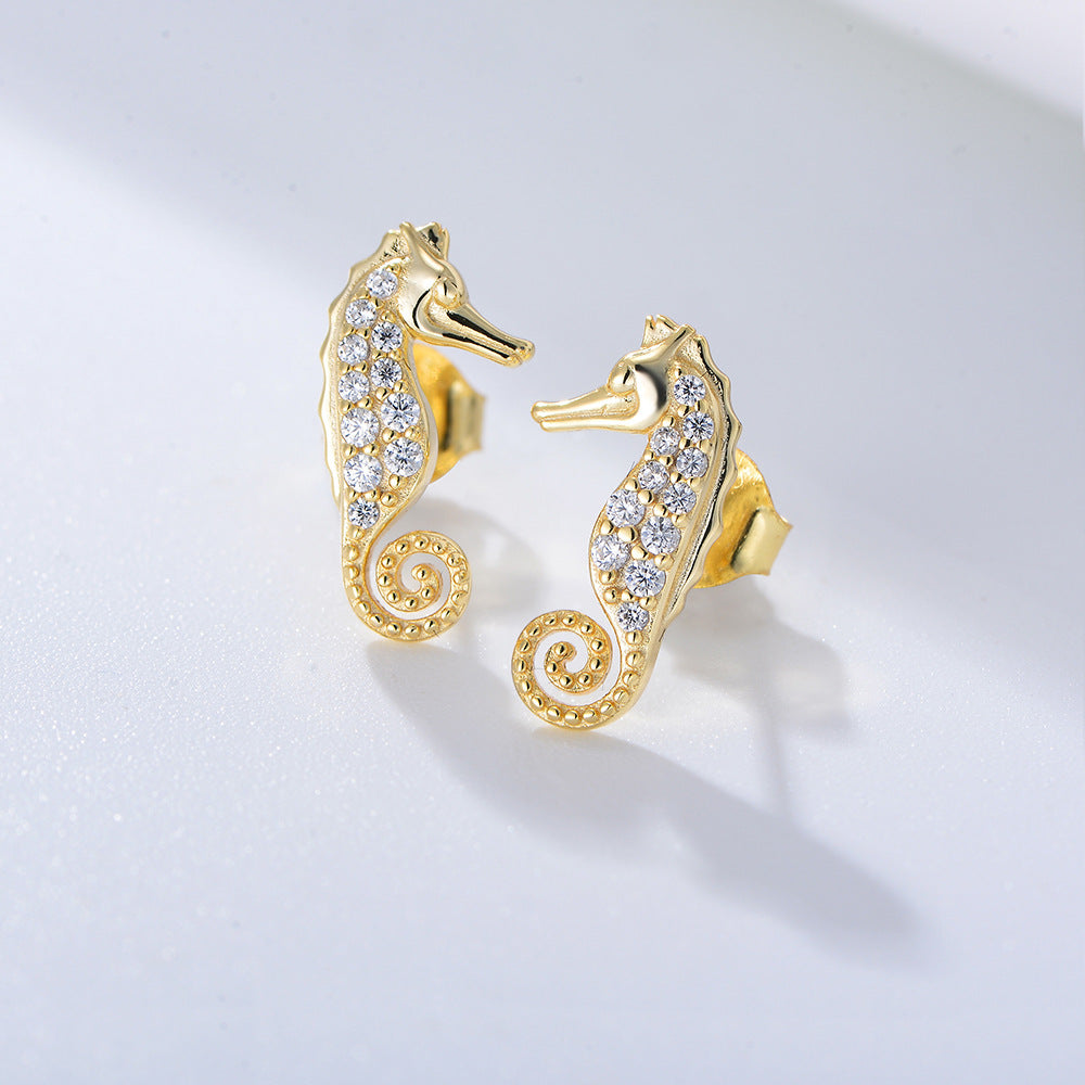 Sier Micro Inlaid Zircon Seahorse Small Animal Female Fashion Earrings