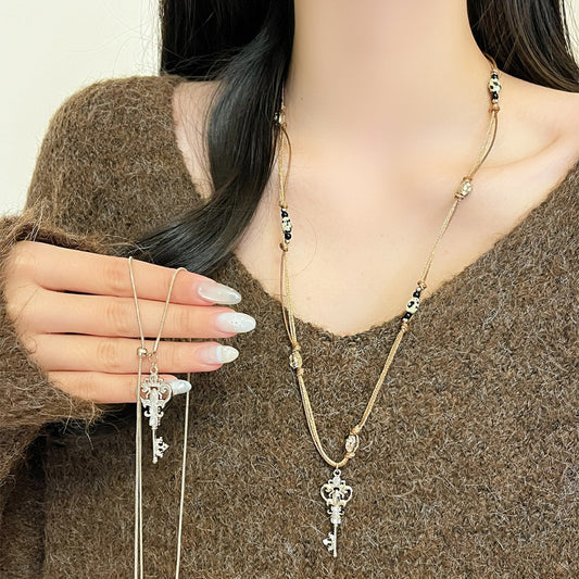 Women's Metal Key Fashion Braided Rope Long Sweater Necklace