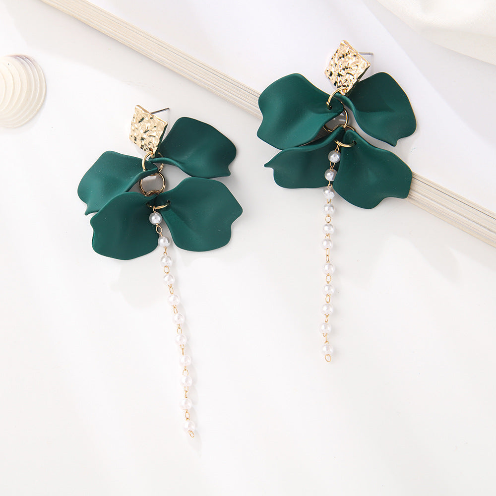 Style Red Blue Colorful Petals Pearl Long Trend Earrings