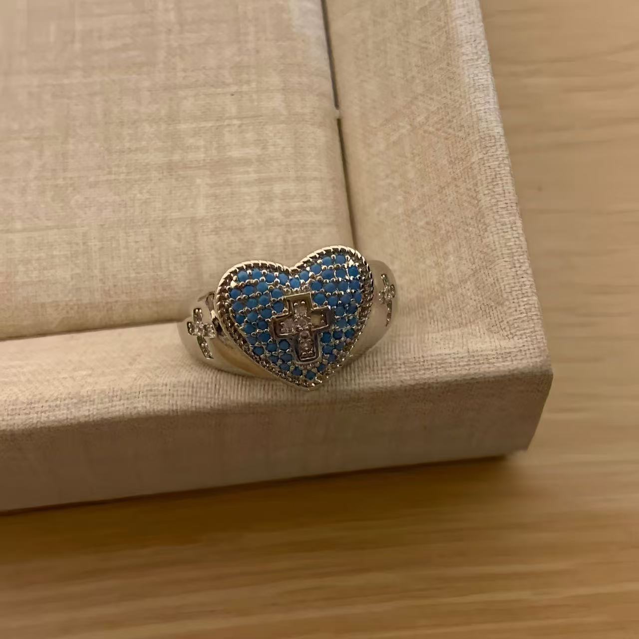 Korean Style Blue Cross Lace Niche Color Zirconium Ring