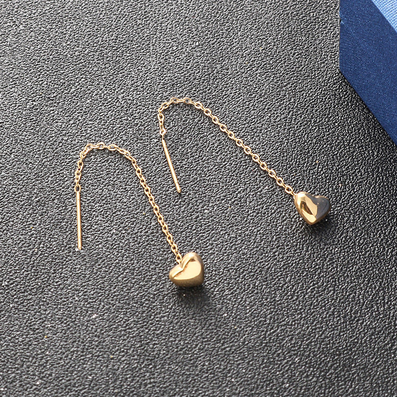 Women's Love Heart Gold Titanium Steel Long Elegant Ear Line