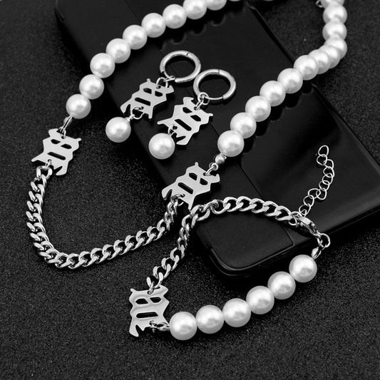 Women's & Men's Steel Ancient Letter Pearl Stitching And Necklaces