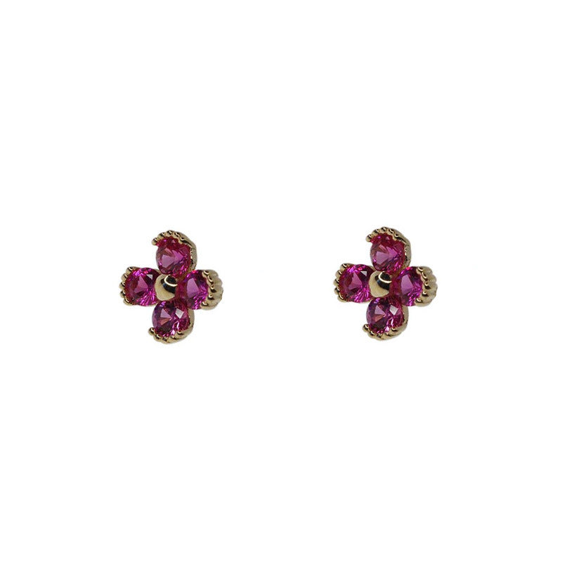 Women's Sier Gold-plated Clover Ruby Temperament Wild Earrings