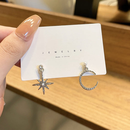 Sier Needle Creative Hot Personality Asymmetric Style Moon Fashion Ear Earrings