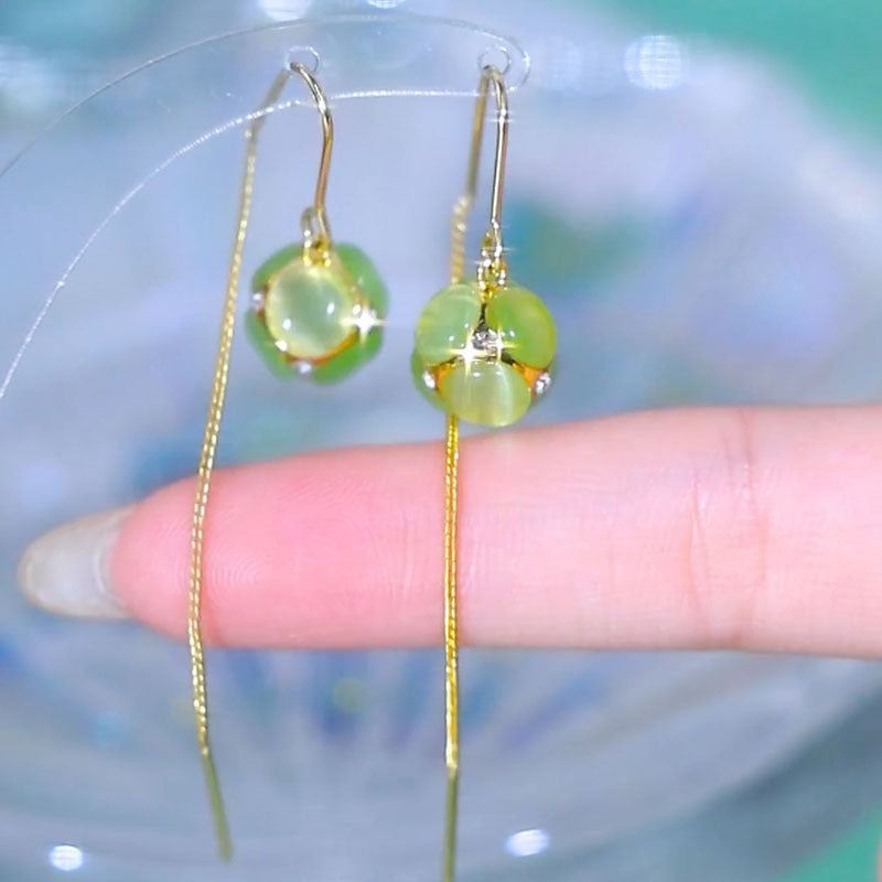 Green Opal Ball Tassel Temperament Long Rings