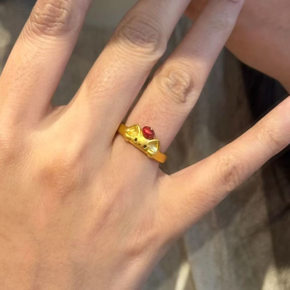 Golden Retro Red Apple Kitten Cute Simple Fashionable Stylish High Ring