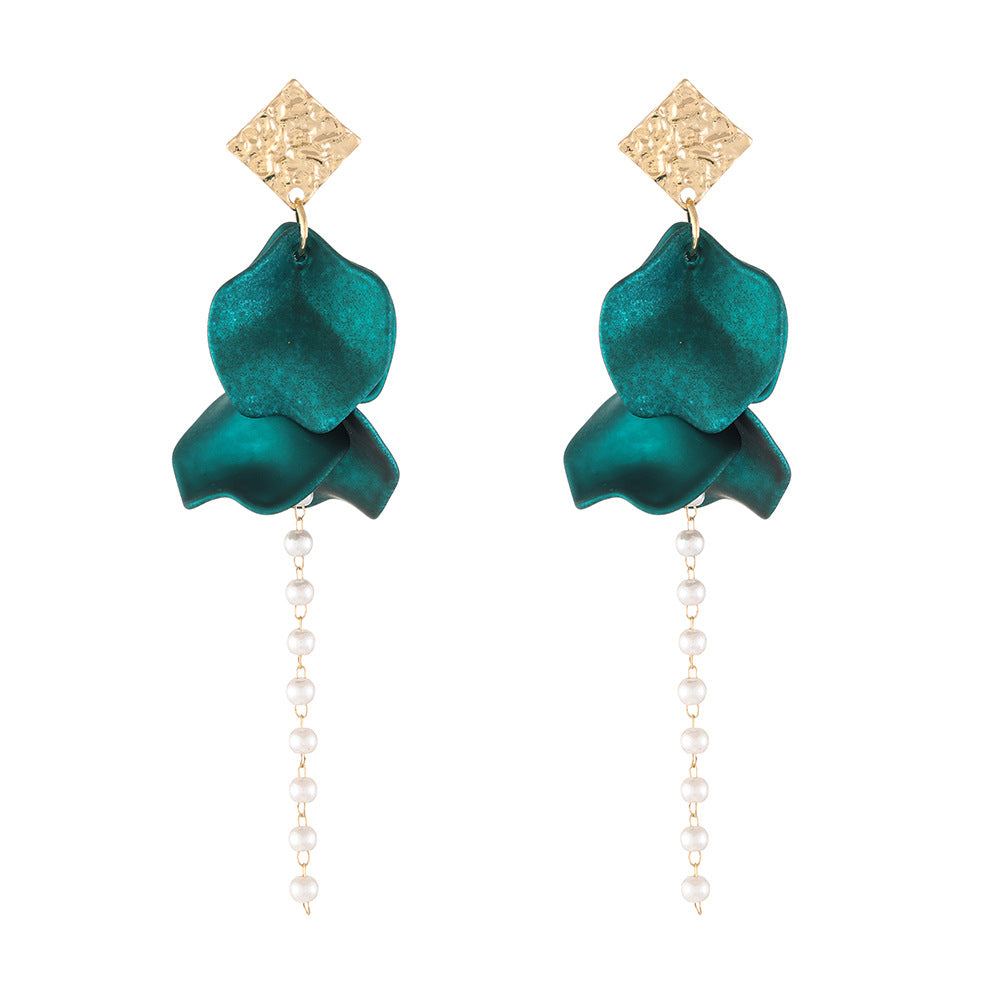 Style Red Blue Colorful Petals Pearl Long Trend Earrings
