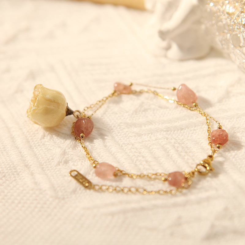 French Retro Preserved Fresh Flower Rose Pearl Design Double Layer Bracelet