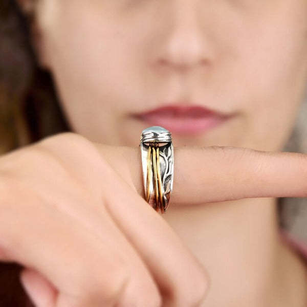 Retro Light Sapphire Two-tone Distressed Ladies Ring