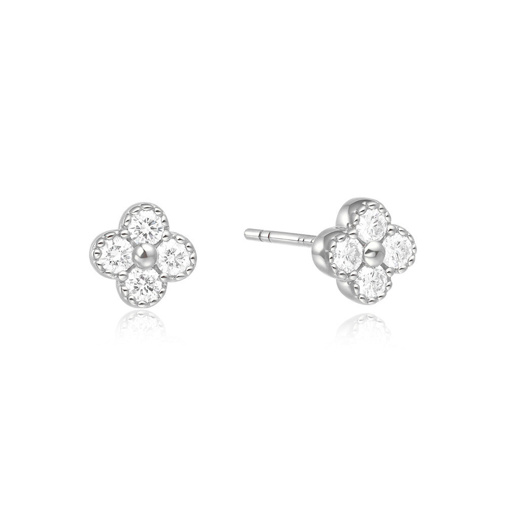 Elegant Simple Shiny Zircon Four Leaf Clover Ear Small Stud Earrings