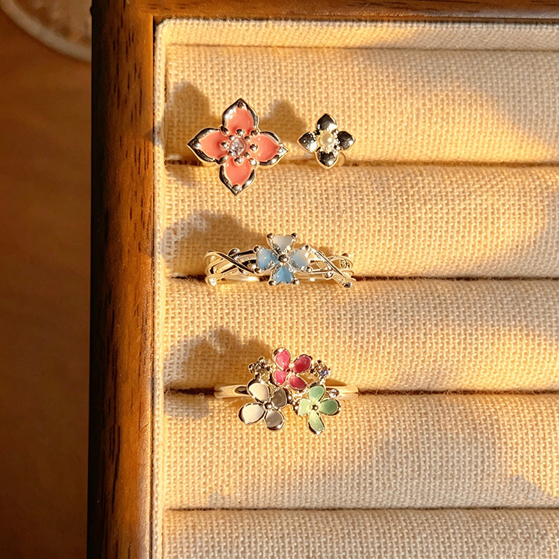 Cherry Blossoms Colorful Enamel Open Gentle Sweet Niche Flower Rings