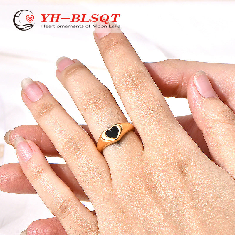 Women's Black Heart-shaped Epoxy Accessories Gold-plated Stainless Rings