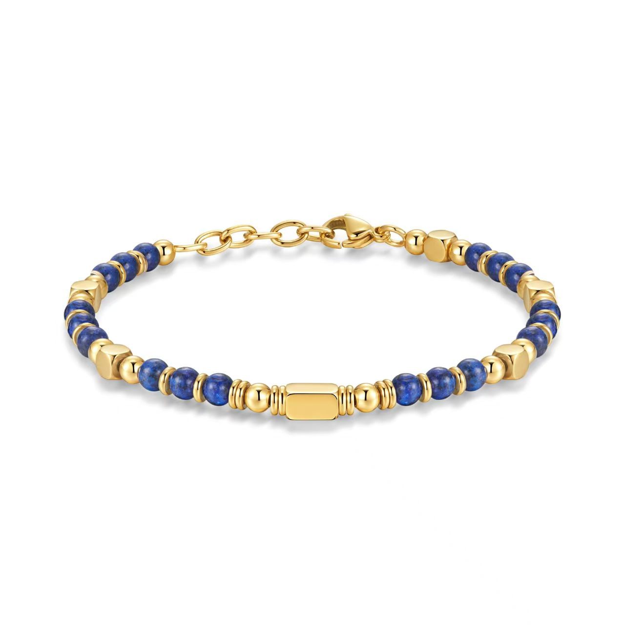 Natural Stone Stainless Steel Black Frosted Golden Balls Beaded Adjustable Bracelet