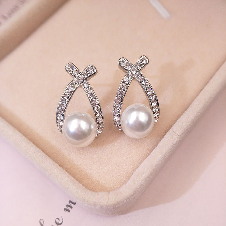 Women's Sier Needle Korean Style Fashion Geometry Pattern Cross Pearl Shining Earrings