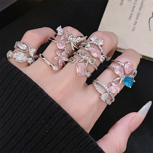 Colorful Crystals Open Bow Flower Design Elegant Light Rings