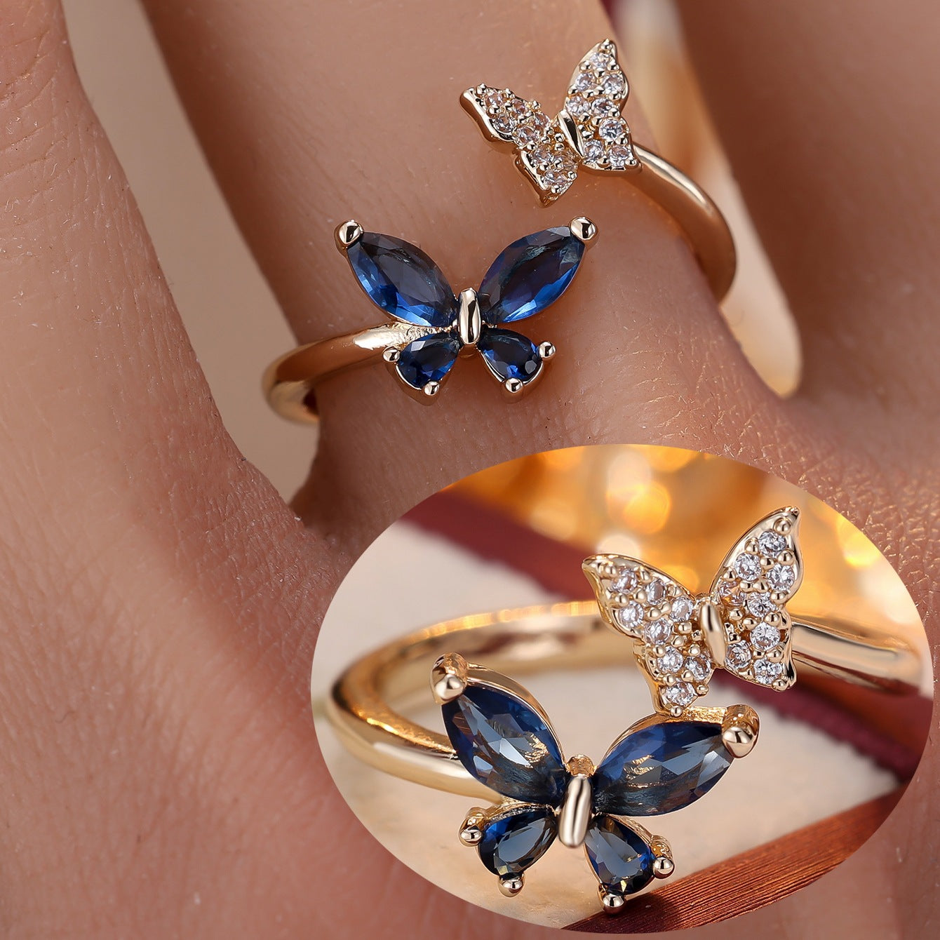 Inlaid Zirconium Double Butterfly Open Light Luxury Minority Design Fashion Rings