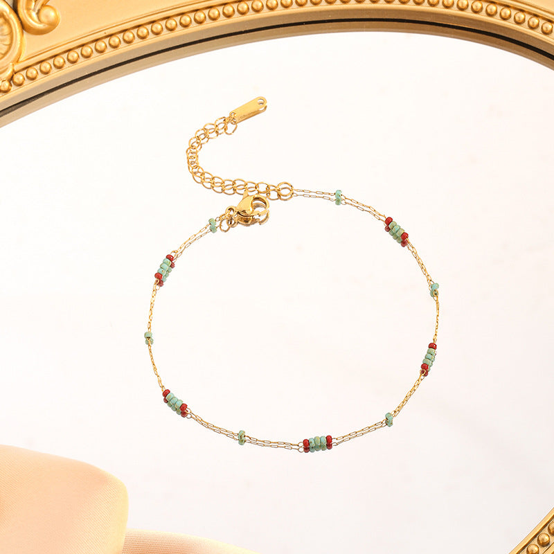 Turquoise Grain Glass Wine Red Contrast Color Beaded Titanium Steel Necklaces
