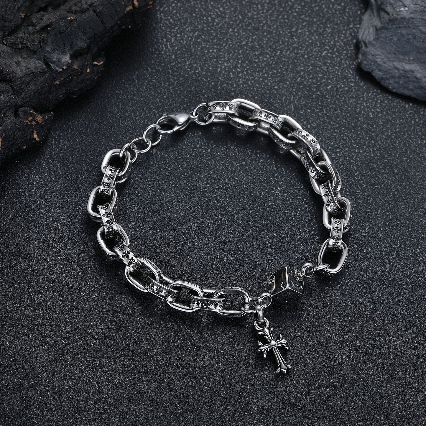 Women's & Men's Retro Titanium Steel Dice Cruciate Flower Simple Hip Hop Gold Bracelet
