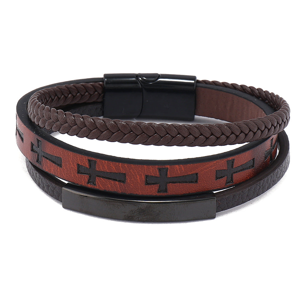 Men's Ornament Printed Cross Leather Woven Magnetic Bracelets