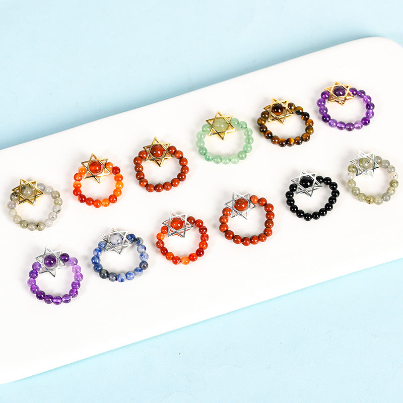Natural Crystal Stone Round Beads Six-pointed Star Jade Handmade Rings